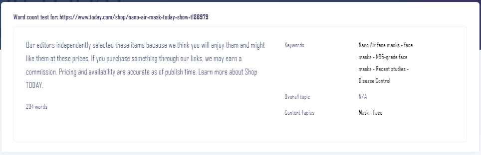 The result of the text analysis test of Today.com article on nano air mask
