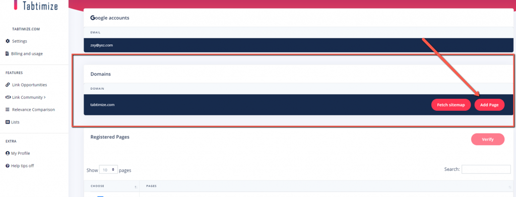 Register new pages on Tabtimize step 2 add page