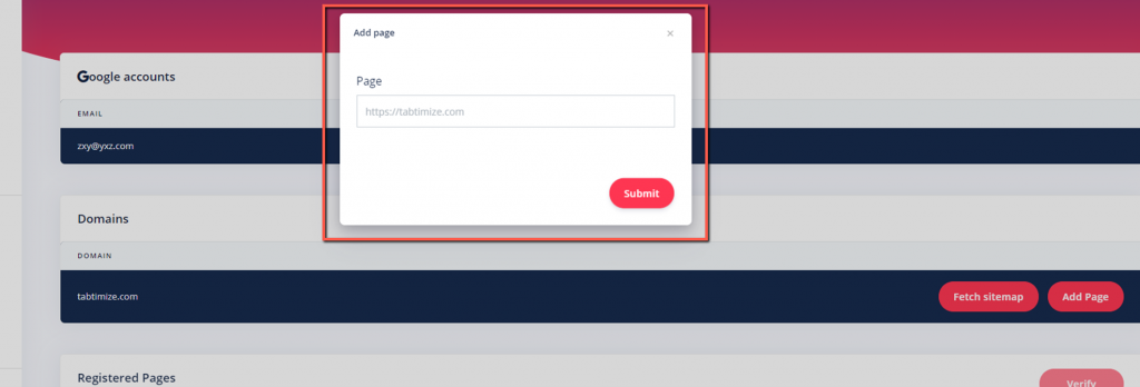 Register new pages on Tabtimize step 3 submit page