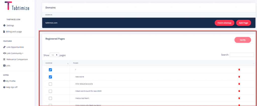 Register new pages on Tabtimize step 4