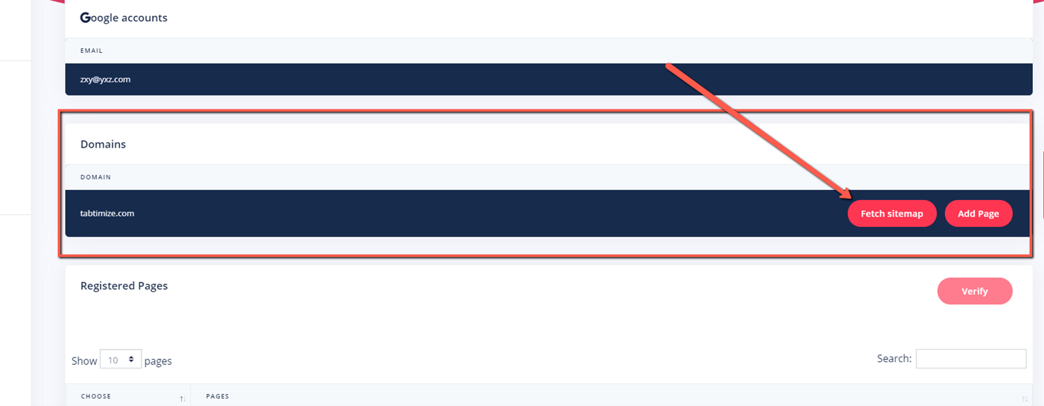 Update your sitemap on Tabtimize step 2 click the fetch sitemap button
